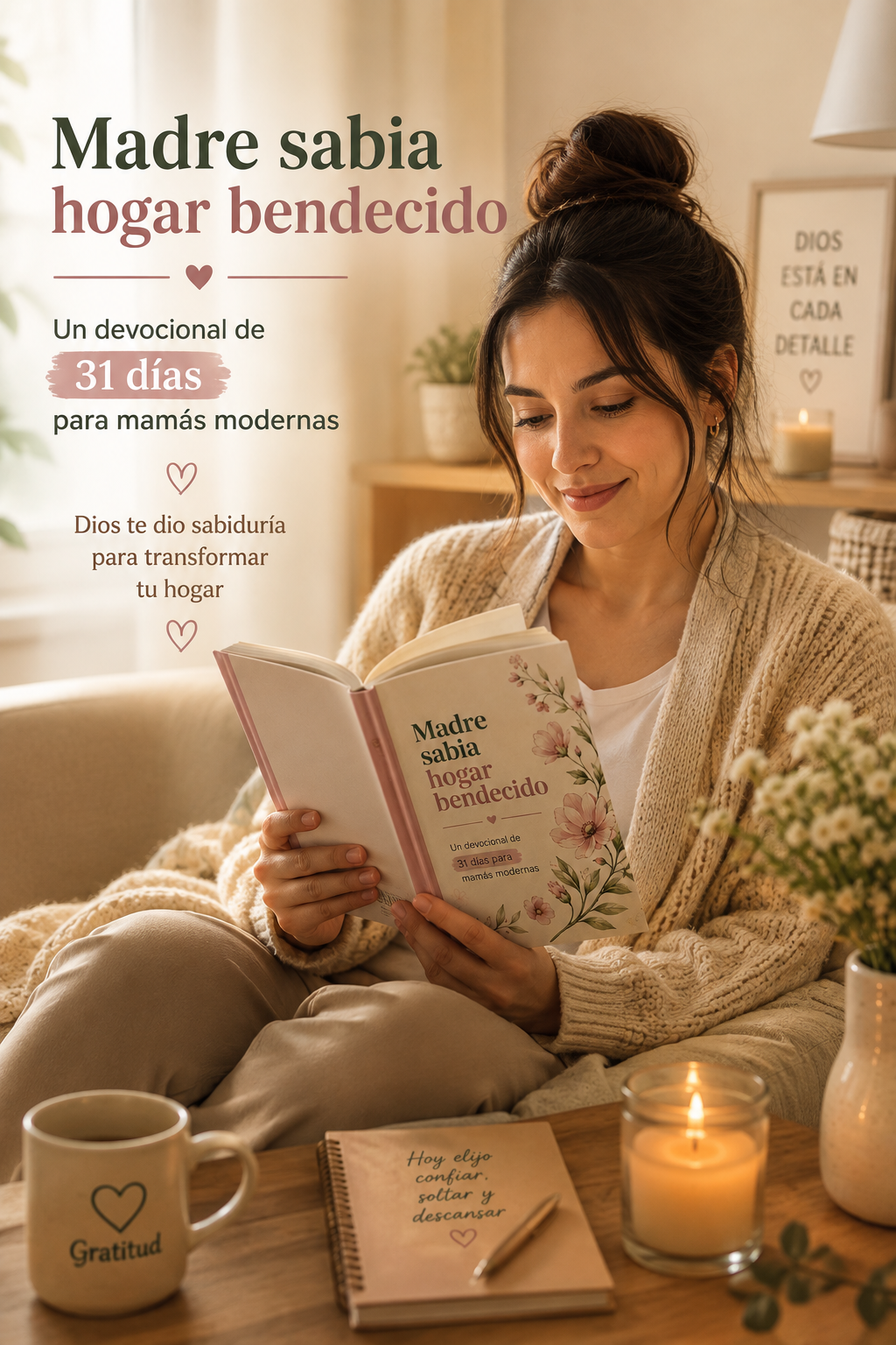 Mamá leyendo el devocional Madre sabia, hogar bendecido